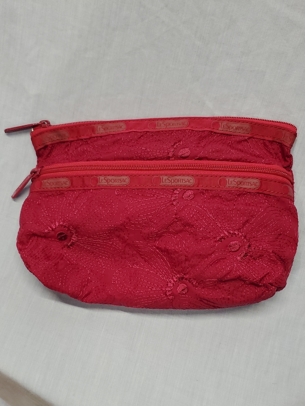 Lesportsac Red Floral Quilted Double Zip Cosmetic Pouch
